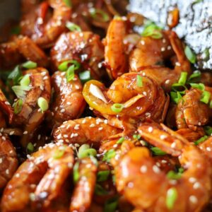 close up view of sweet chili shrimp in a pan