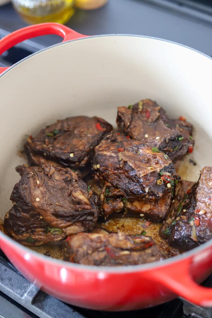 searing the short ribs.