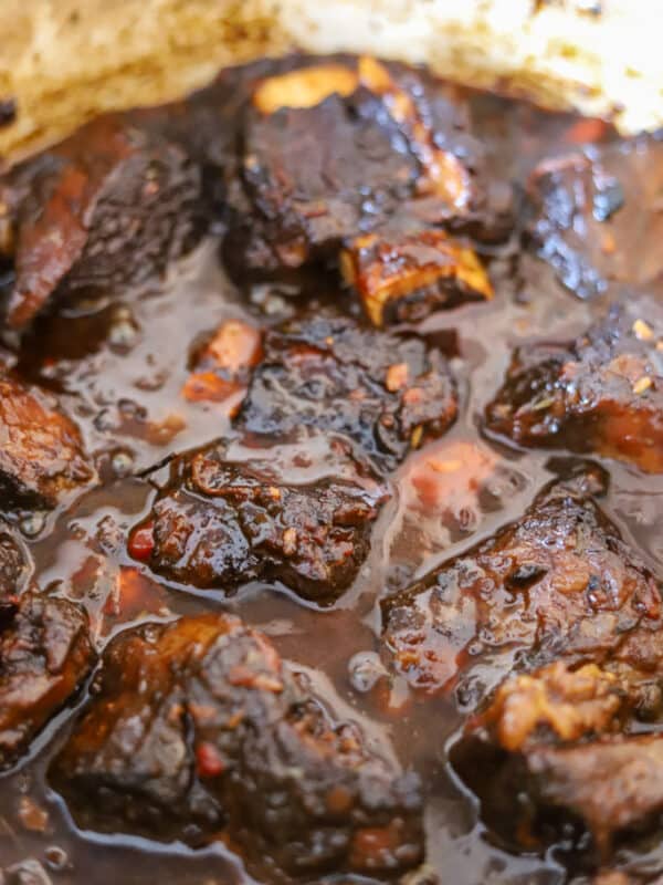 braised short ribs in dutch oven pot.