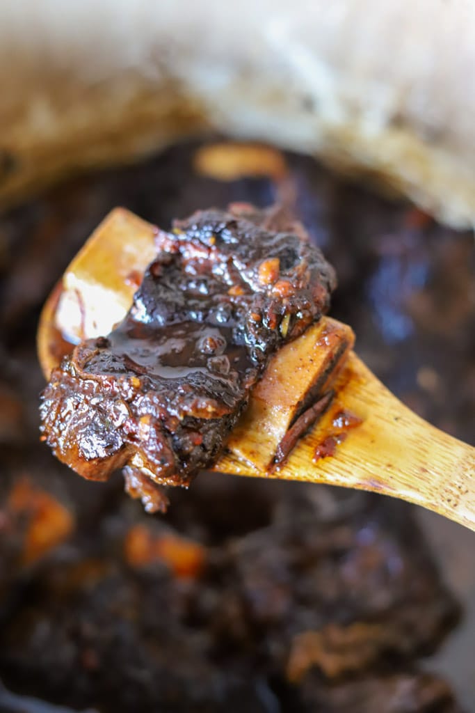 braised short rib in wooden spoon.