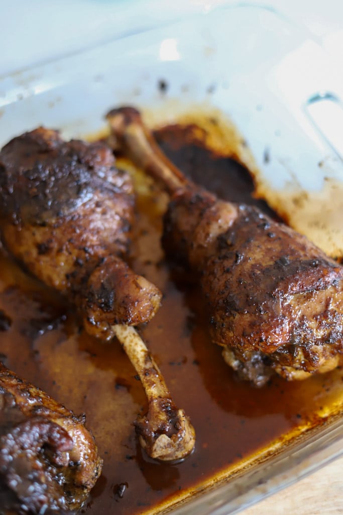 jamaican jerk turkey legs finished in glass oven dish.