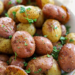 close up view of roasted baby potatoes in a bowl