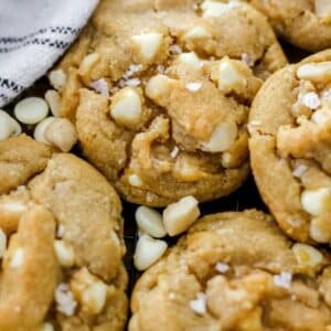 close up view of white chocolate macadamia nut cookies