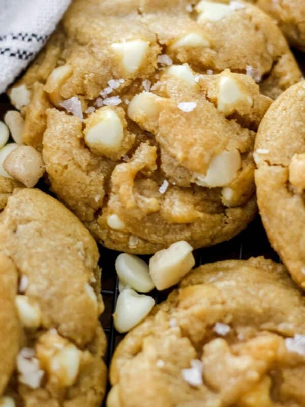 close up view of white chocolate macadamia nut cookies