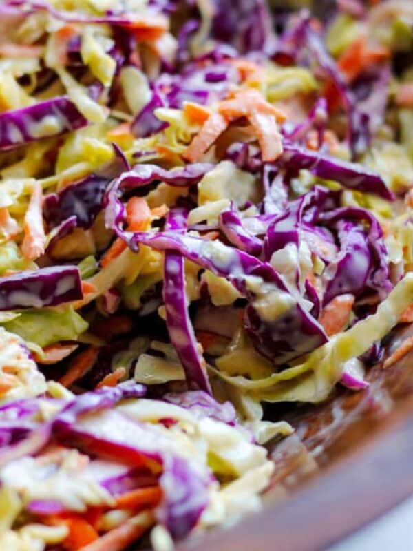 close up bowl of creamy coleslaw
