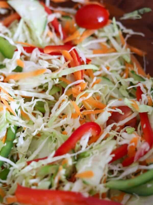 close up view of a bowl of cabbage salad