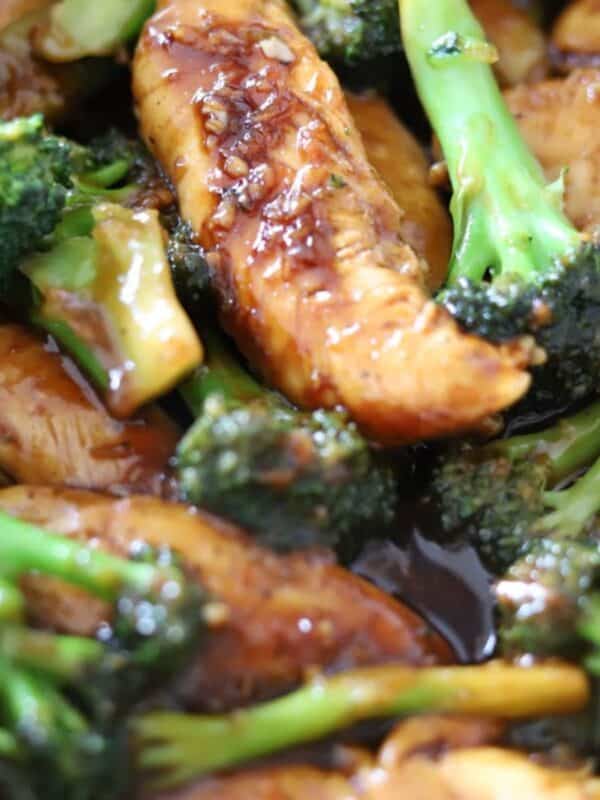 close-up view of chicken and broccoli in a skillet
