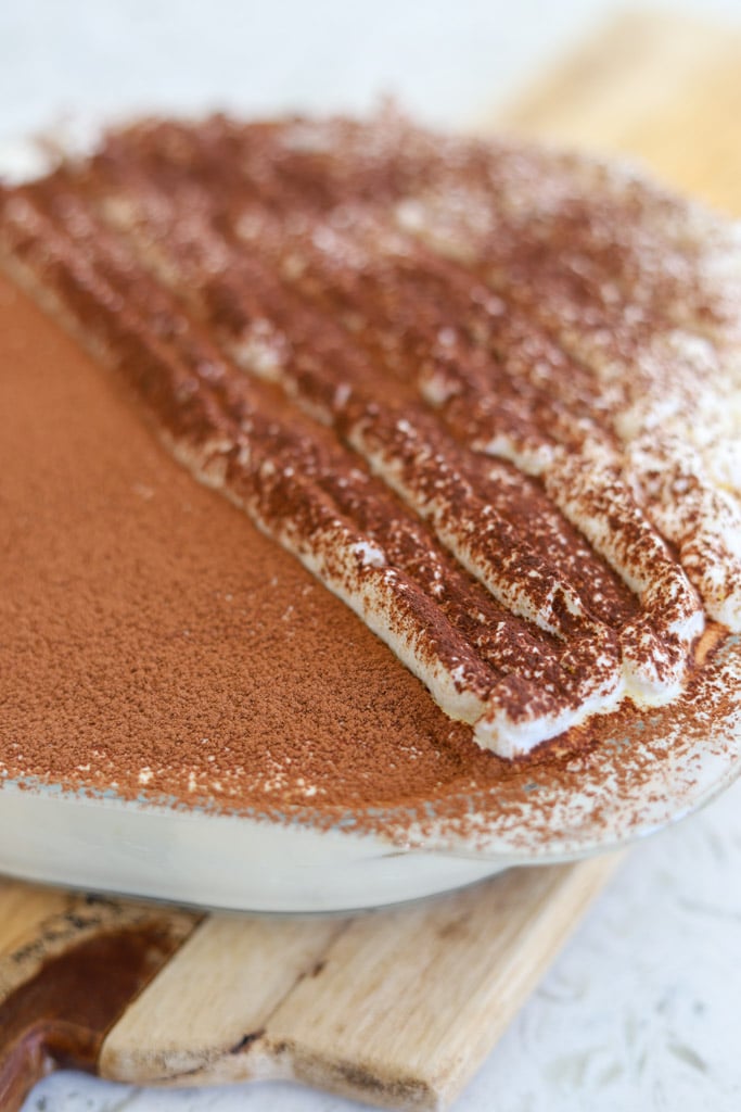 Overhead view of tiramisu topped with cocoa powder.