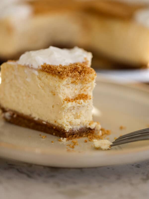 Close-up of cheesecake slice with whipped cream and nutmeg dusting.