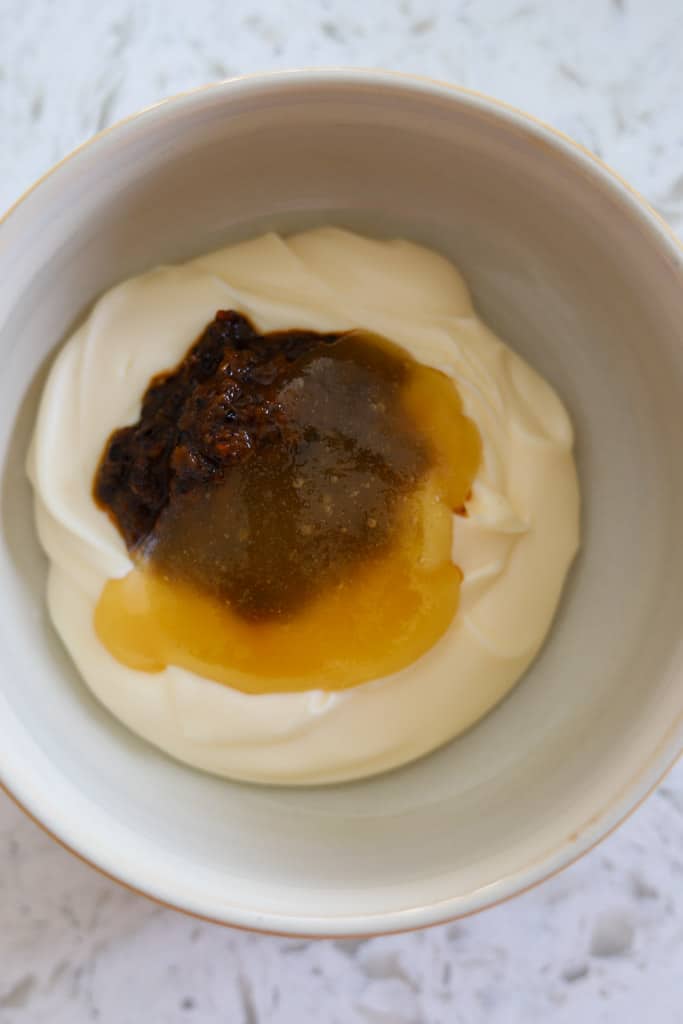 honey jerk mayo ingredients in bowl.