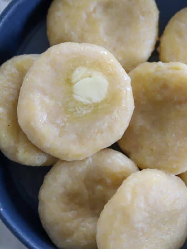blue bowl full of cornmeal dumpling