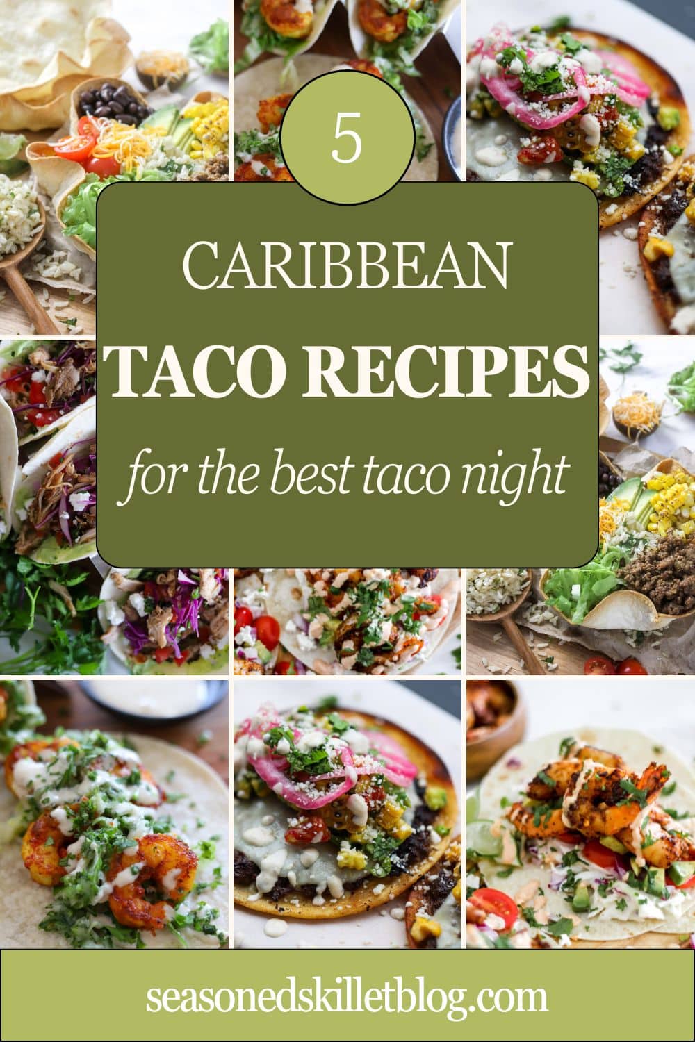 collage of 5 caribbean taco recipes.